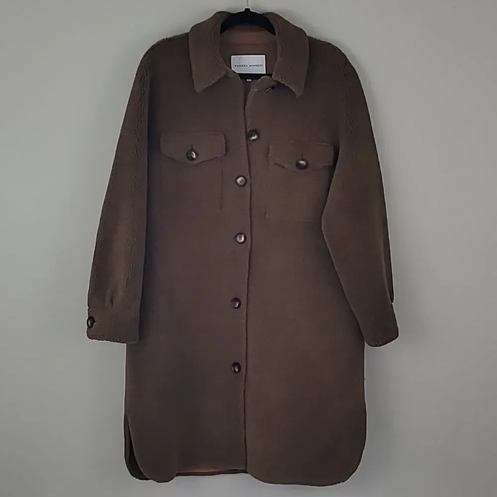 Rebecca Minkoff Brown Faux Shearling Button Down Long Overcoat w/Pockets Size XL - Picture 3 of 15